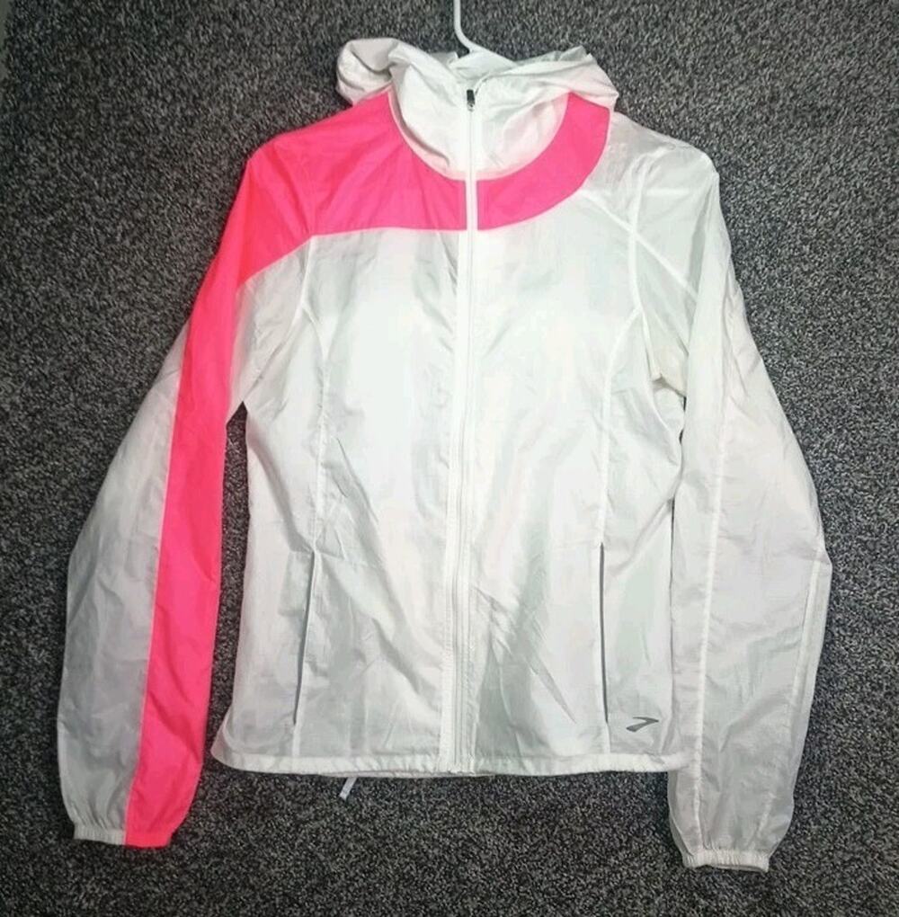 Brooks Womens Full Zip Lightweight Windbreaker Jacket Pink White XS Running Gym